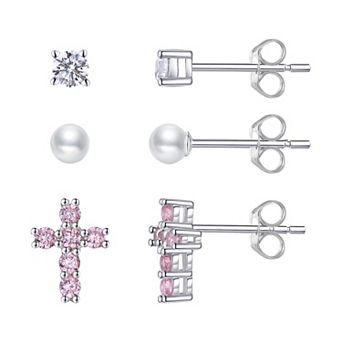 Charming Girl Kids' Sterling Silver 3 Pair Pearl, Cubic Zirconia Cross & Stud Earring Set