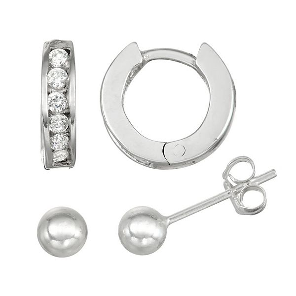 Charming Girl Sterling Silver Ball Stud & Cubic Zirconia Huggie Hoop