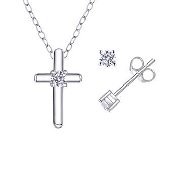 Charming Girl Kids' Sterling Silver Cubic Zirconia Cross Necklace & Stud Earring Set