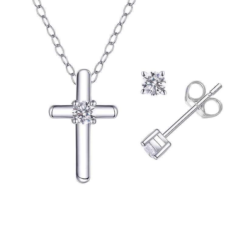 Charming Girl Sterling Silver Cubic Zirconia Cross Necklace & Stud Earring 
