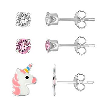 Charming Girl Kids' Sterling Silver 3 Pair Unicorn & Crystal Stud Earring Set