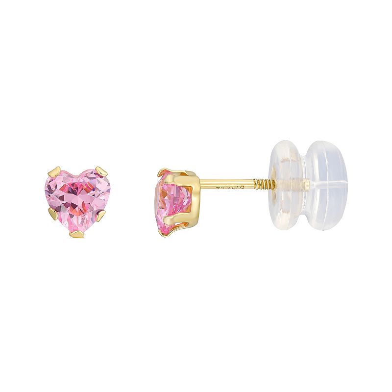 Charming Girl 14k Gold 4 mm Pink Cubic Zirconia Heart Stud Earrings, Girls