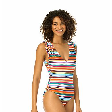 Women's Catalina Striped Ruffle V-Neck UPF 50+ One-Piece Swimsuit