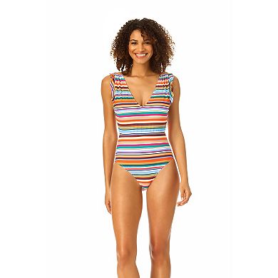 Women's Catalina Striped Ruffle V-Neck UPF 50+ One-Piece Swimsuit