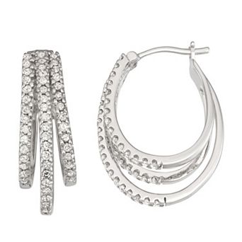 HDI Sterling Silver 1 Carat T.W. Diamond 3-Row Hoop Earrings