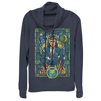 Juniors' Marvel Loki Stained Glass Portrait Cowlneck Graphic Lightweight Long Sleeve