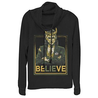 Juniors' Marvel Loki BeLIEve Portrait Cowlneck Graphic Lightweight Long Sleeve