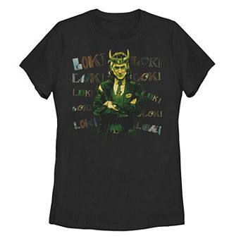 Juniors' Marvel Loki Chaotic Text Tee