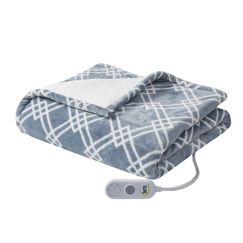 Serta Printed Microlight to Sherpa Electric Heated Throw Blanket, Blue