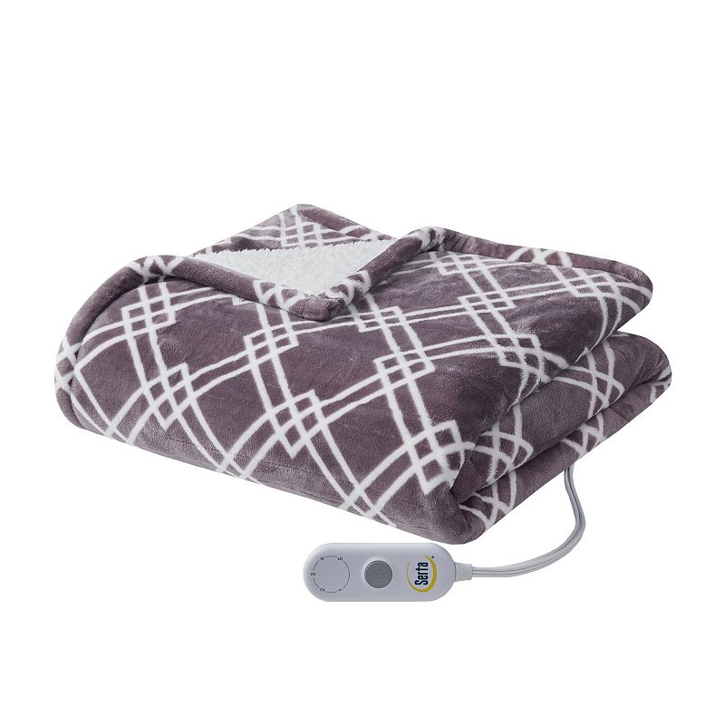 Serta Printed Microlight to Sherpa Electric Heated Throw Blanket, Purple