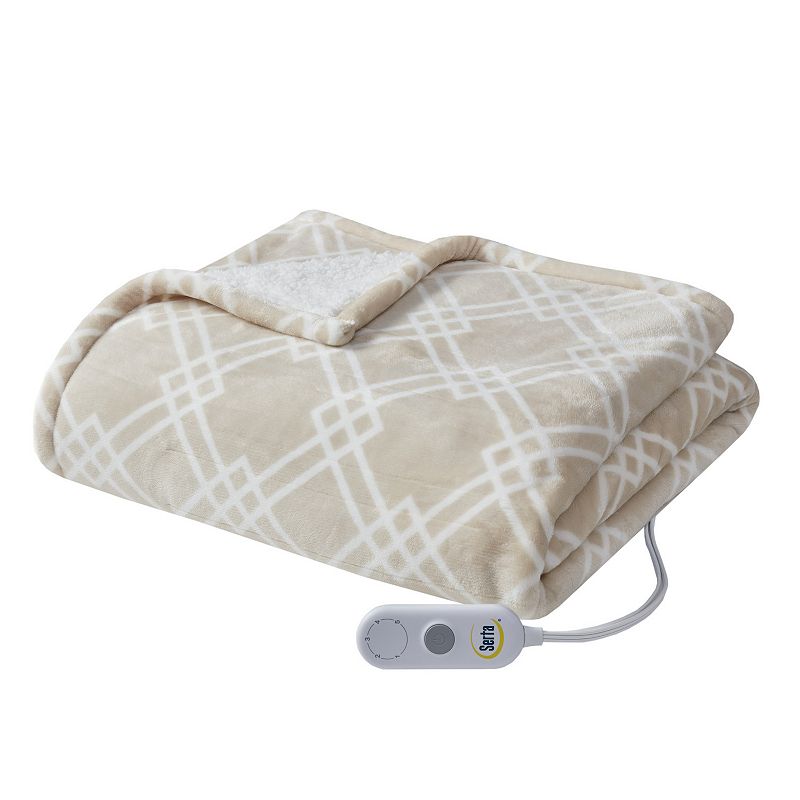 Serta Printed Microlight to Sherpa Electric Heated Throw Blanket, Brown