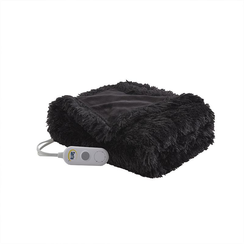 Serta Leena Shaggy Faux Fur Electric Heated Throw Blanket, Black