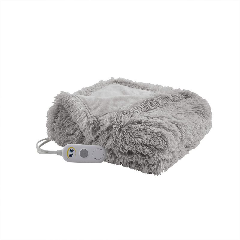 Serta Leena Shaggy Faux Fur Electric Heated Throw Blanket, Grey
