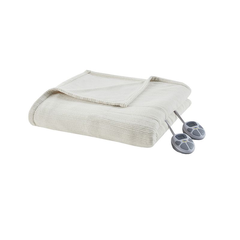Serta Ribbed Micro Fleece Heated Electric Blanket, White, Full
