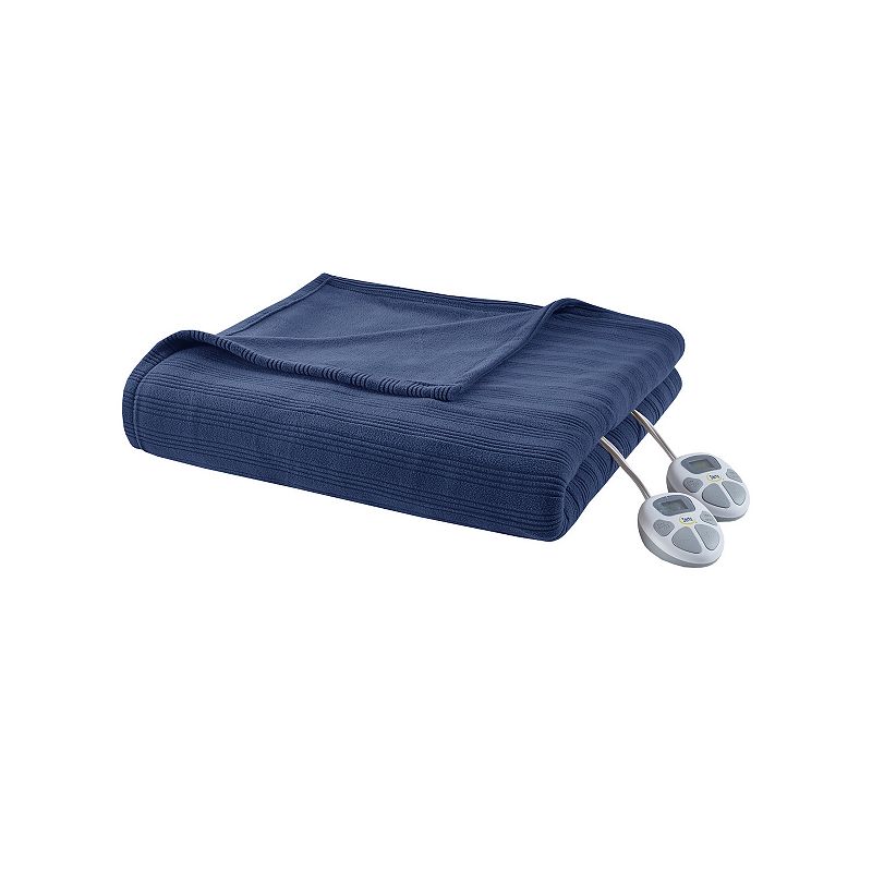 Serta Ribbed Micro Fleece Heated Electric Blanket, Blue, Queen