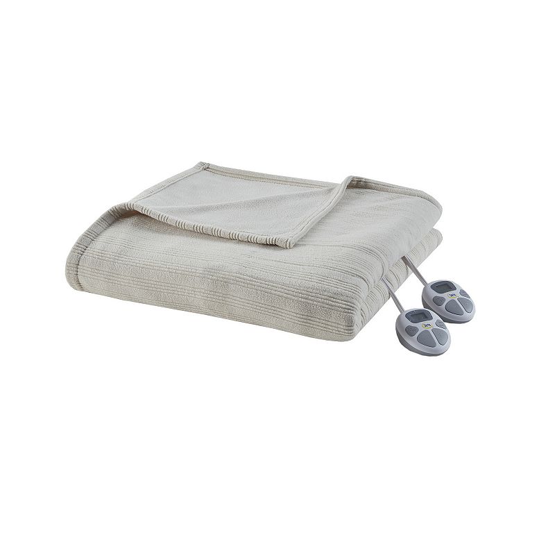 Serta Ribbed Micro Fleece Heated Electric Blanket, Beig/Green, Twin