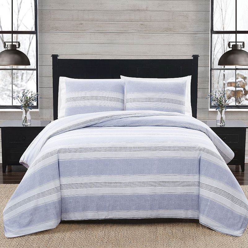 London Fog Stripe Flannel Comforter Set with Shams, Blue, Twin