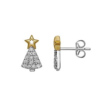 PRIMROSE Two Tone Sterling Silver Cubic Zirconia Christmas Tree Stud Earrings