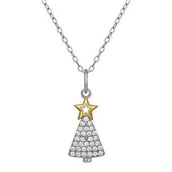 PRIMROSE Two Tone Sterling Silver Cubic Zirconia Christmas Tree Pendant Necklace
