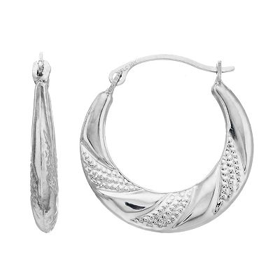 10k White Gold Textured Swirl Hoop Earrings