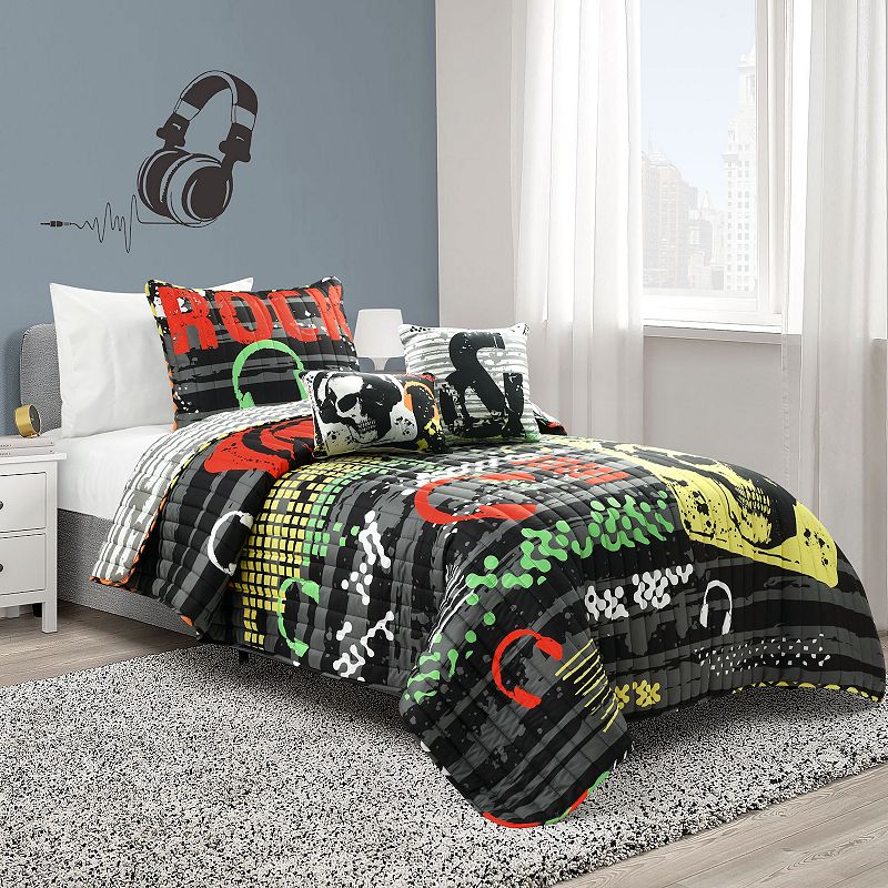 Lush Decor Rock N Roll Quilt Set with Shams, Black, Twin XL