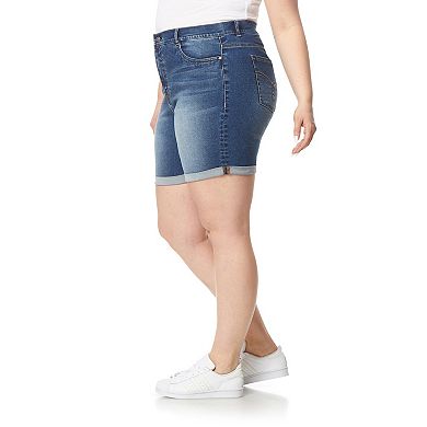 Juniors' Plus Size WallFlower Irresistible High-Rise Exposed Button Midi Jean Shorts