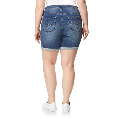 Juniors' Plus Size WallFlower Irresistible High-Rise Exposed Button Midi Jean Shorts