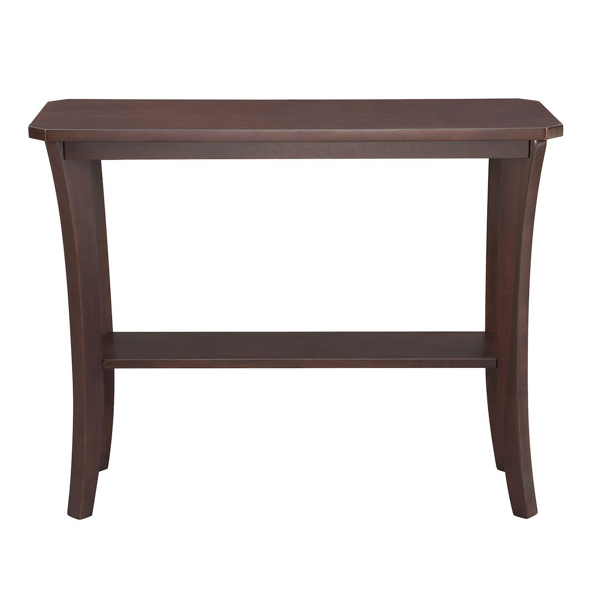 Dark brown console hall stand with shelf, front view.