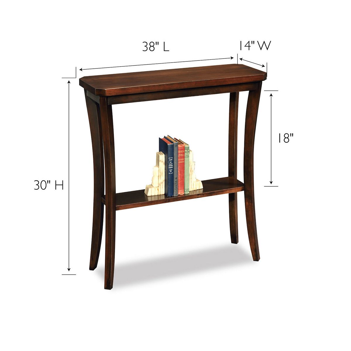 Console hall stand dimensions: 38 in L, 14 in W, 30 in H, 18 in shelf height.