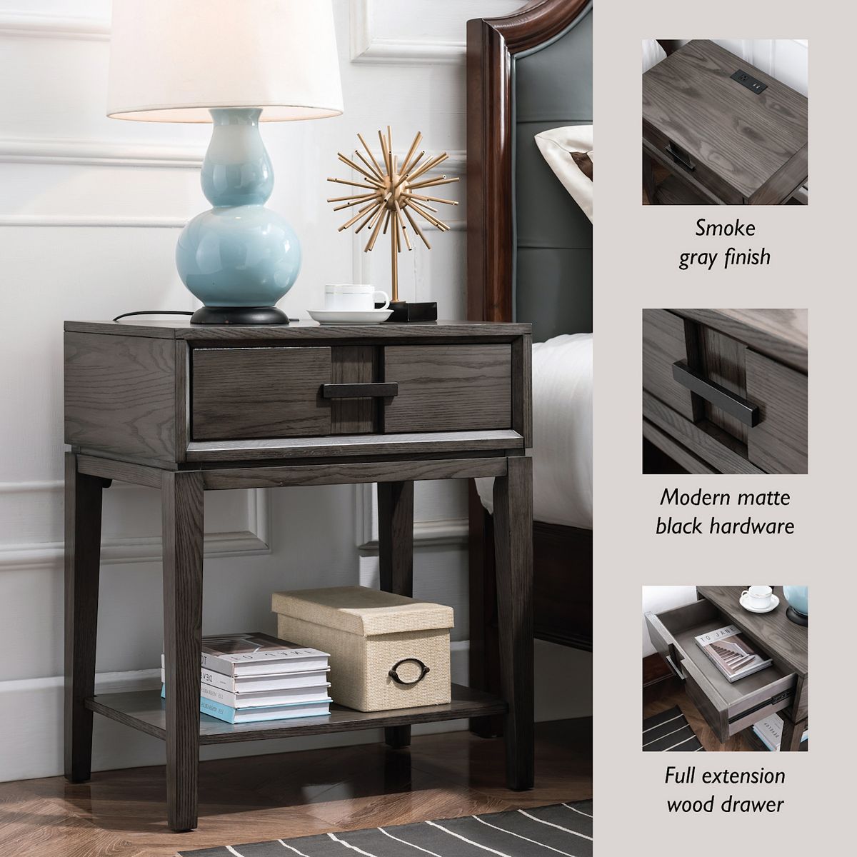 Leick smoke gray nightstand side table highlighting drawer and finish details