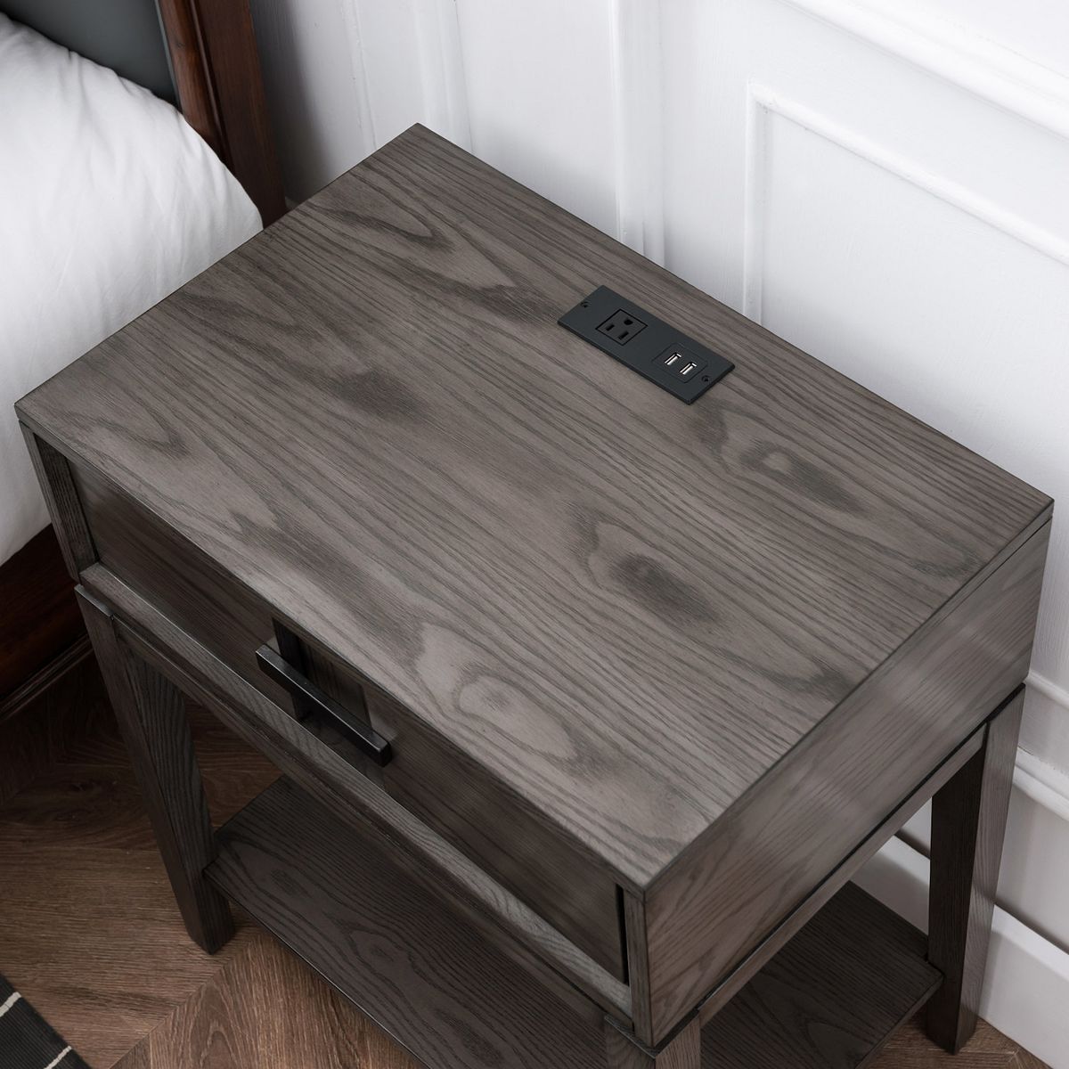 Smoke gray nightstand side table top with recessed drawer and power strip panel