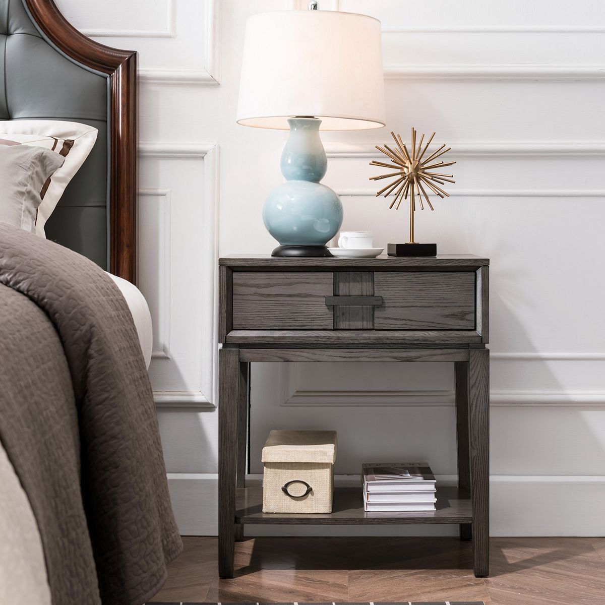 Smoke gray oak nightstand side table with recessed drawer and open shelf