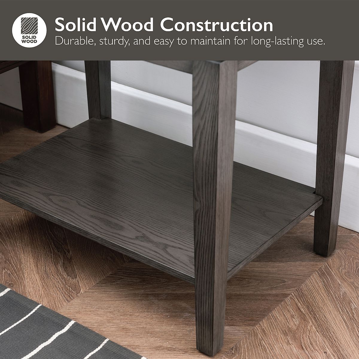 Solid wood construction nightstand side table showing lower shelf and legs