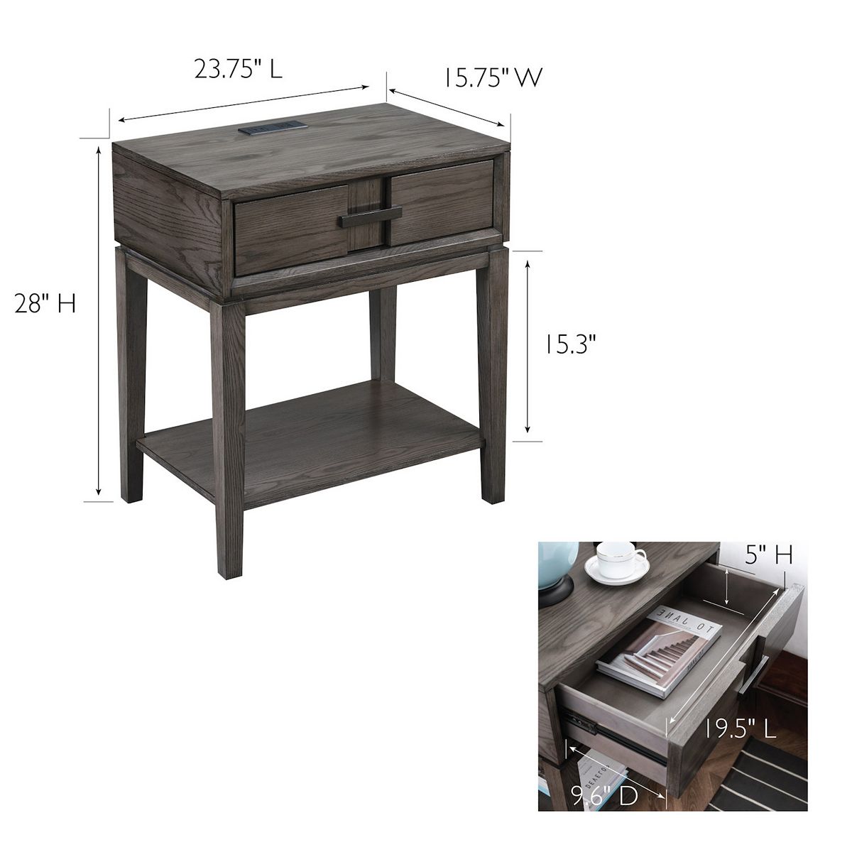 Nightstand side table dimensions diagram with drawer measurements