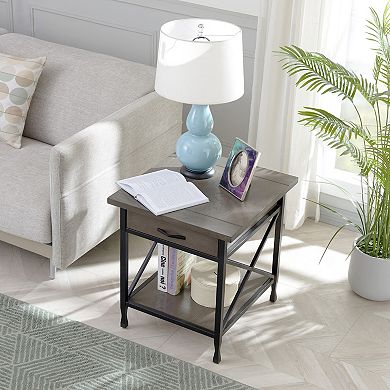 Leick Furniture Chisel & Forge X-Design Mixed Metal & Wood Side Table