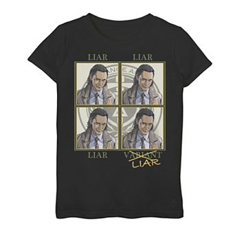 Girls 7-16 Marvel Loki Liar, Liar, Liar, Variant Loki Box Up Graphic Tee