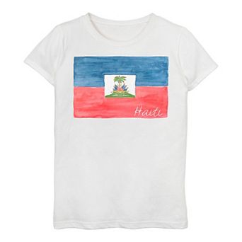 Girls 7-16 Haiti Flag Watercolor Painted Flag Tee