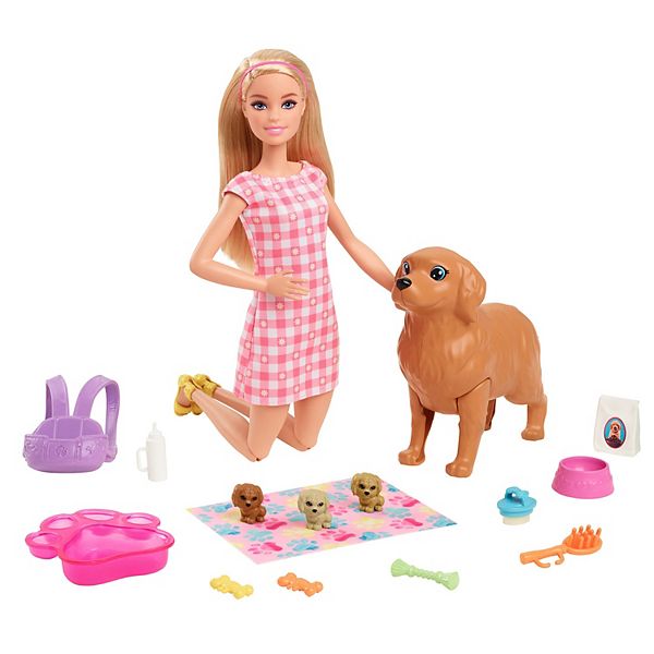 Barbie Doll Newborn Pups Playset with Blonde Doll Mommy Dog and 3 Puppies Kids Toys