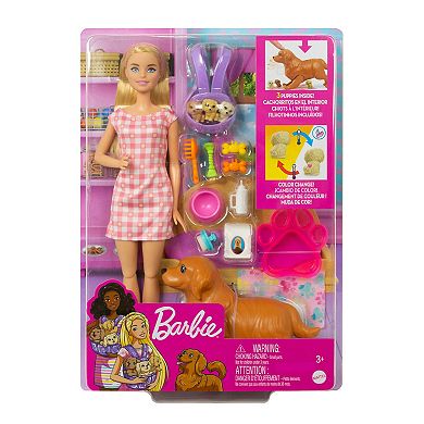 Barbie® Doll Newborn Pups Playset with Blonde Doll, Mommy Dog and 3 Puppies, Kids Toys