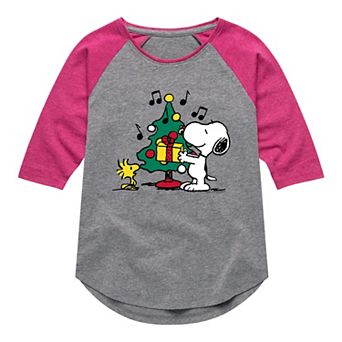 Girls 7-16 Peanuts Chirstmas Tree Graphic Raglan Top