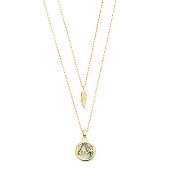City Luxe 14k Gold Plated Abalone "Love" & Feather Duo Pendant Necklace Set
