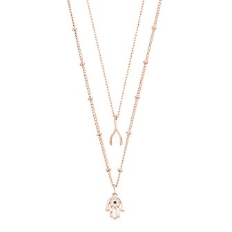 City Luxe 18k Rose Gold-Plated Cubic Zirconia Wishbone & Hamsa Duo Pendant Necklace Set