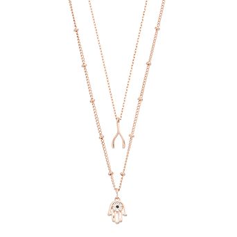 City Luxe 18k Rose Gold-Plated Cubic Zirconia Wishbone & Hamsa Duo Pendant Necklace Set