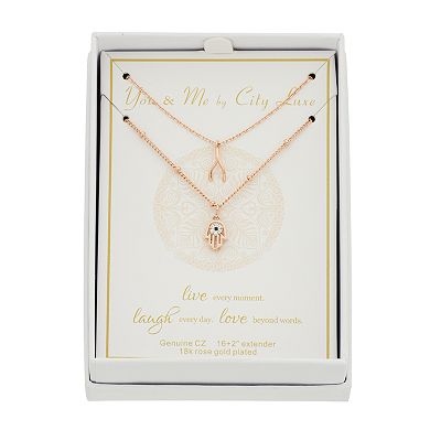 City Luxe 18k Rose Gold-Plated Cubic Zirconia Wishbone & Hamsa Duo Pendant Necklace Set 