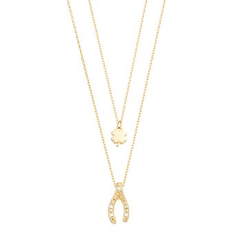 City Luxe Cubic Zirconia Gold Tone Four-Leaf Clover & Wishbone Duo Pendant Necklace Set