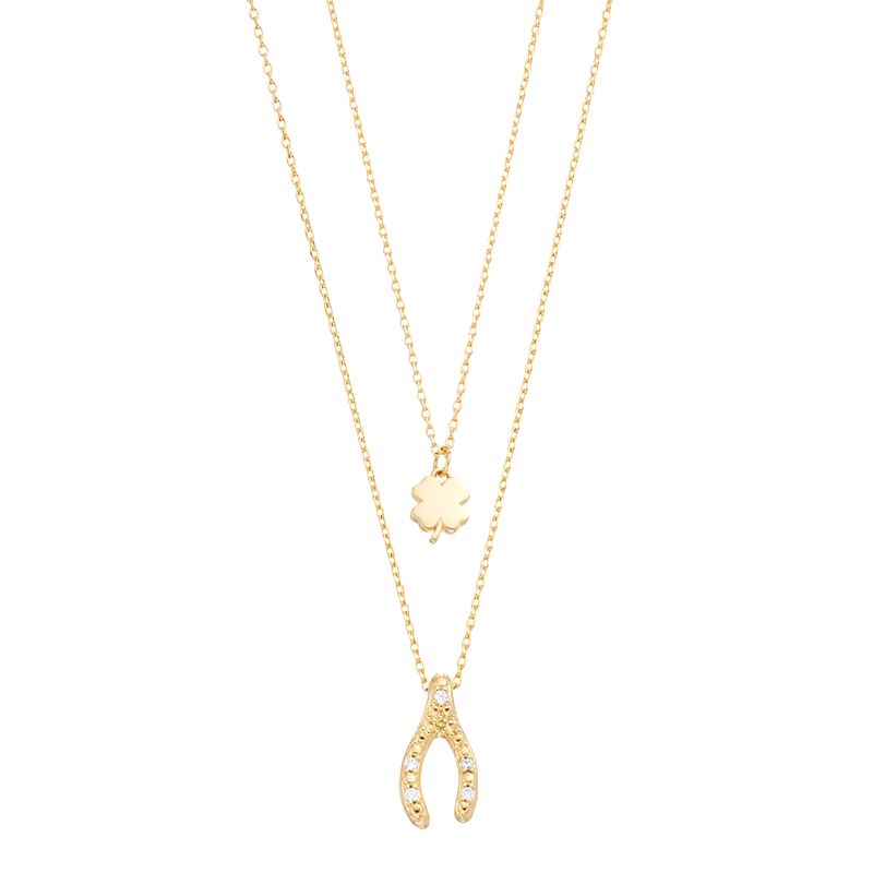 City Luxe Cubic Zirconia Gold Tone Four-Leaf Clover & Wishbone Duo Pendant 