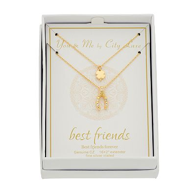 City Luxe Cubic Zirconia Gold Tone Four-Leaf Clover & Wishbone Duo Pendant Necklace Set