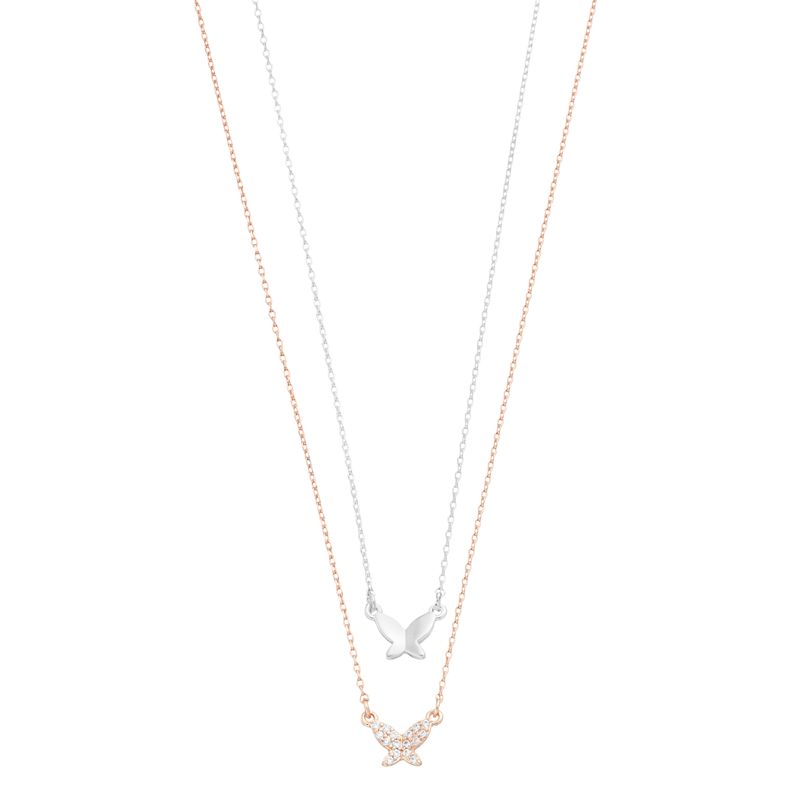 City Luxe Two-Tone Cubic Zirconia Butterfly Duo Necklace Set, Womens, Whit