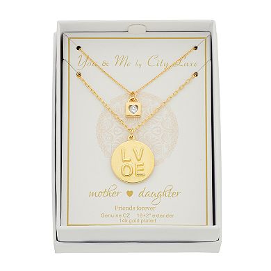City Luxe 14k Gold-Plated Cubic Zirconia Padlock & "Love" Duo Pendant Necklace Set