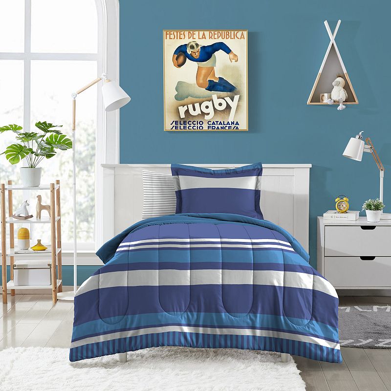 Boys Dream Factory Rugby Stripe Comforter Set with Shams, Blue, Full